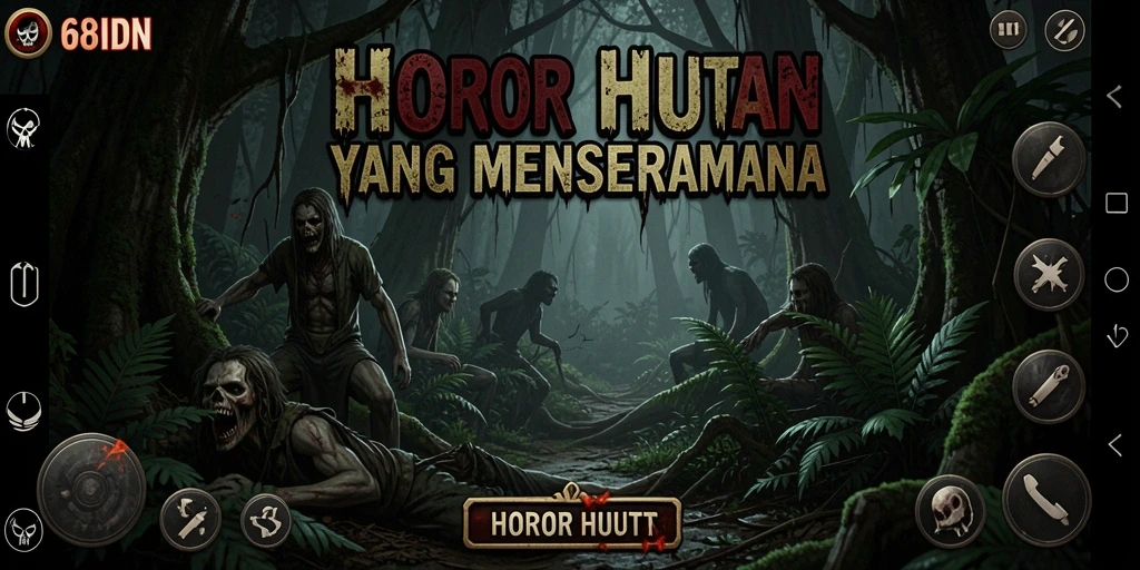 Antarmuka menakutkan 68IDN dalam suasana hutan horor.